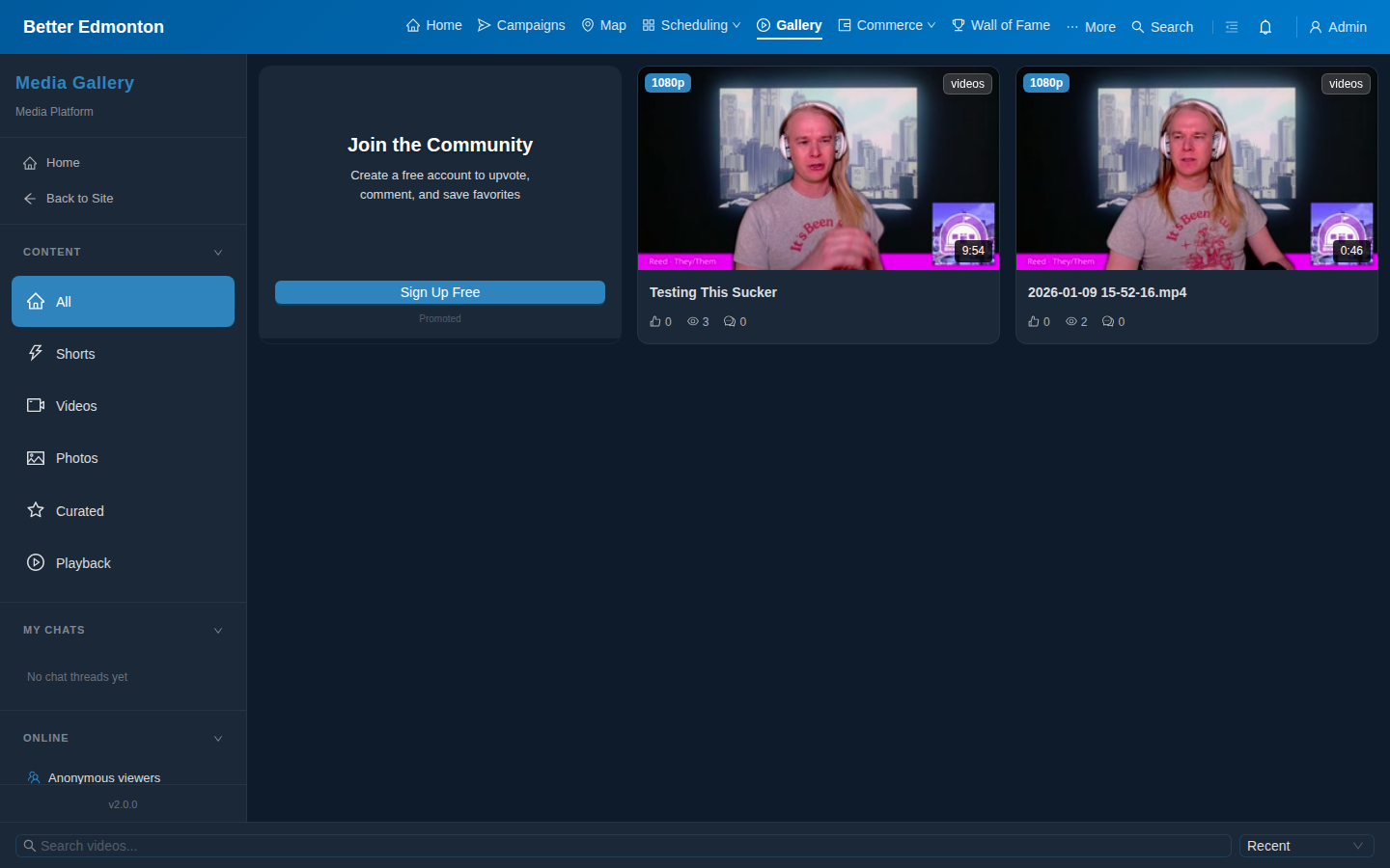 Public media gallery with video cards, sidebar navigation, chat, and content categories
