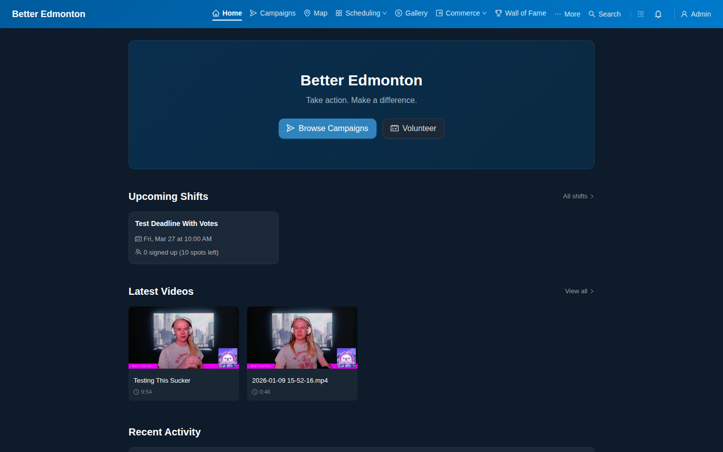 Public homepage with hero section, upcoming shifts, latest videos, and recent activity feed