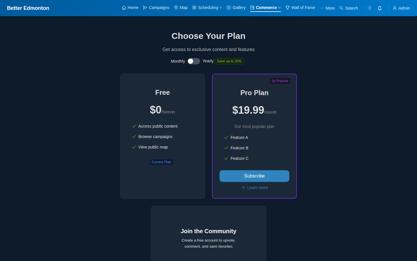 Subscription pricing page with free and pro plan cards, monthly/yearly toggle, and feature lists